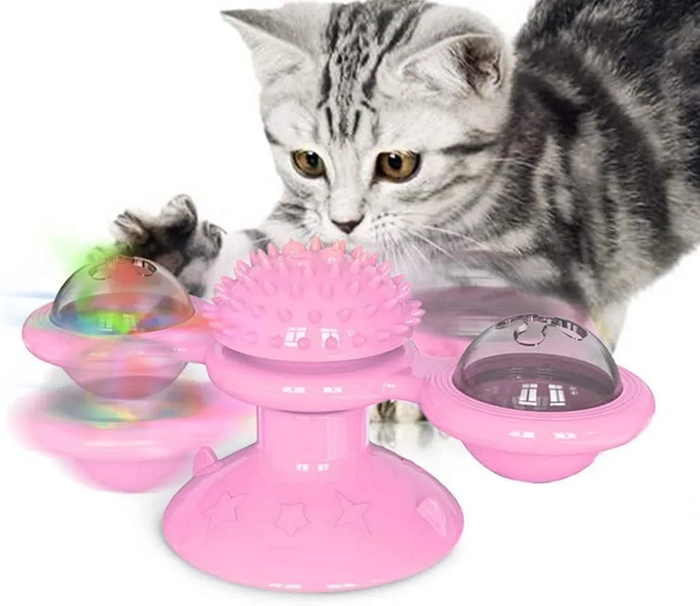 Interactive Windmill Cat Toys with LED Light Ball Suction Cup Catnip Toy for Cat Exercise (Pink)