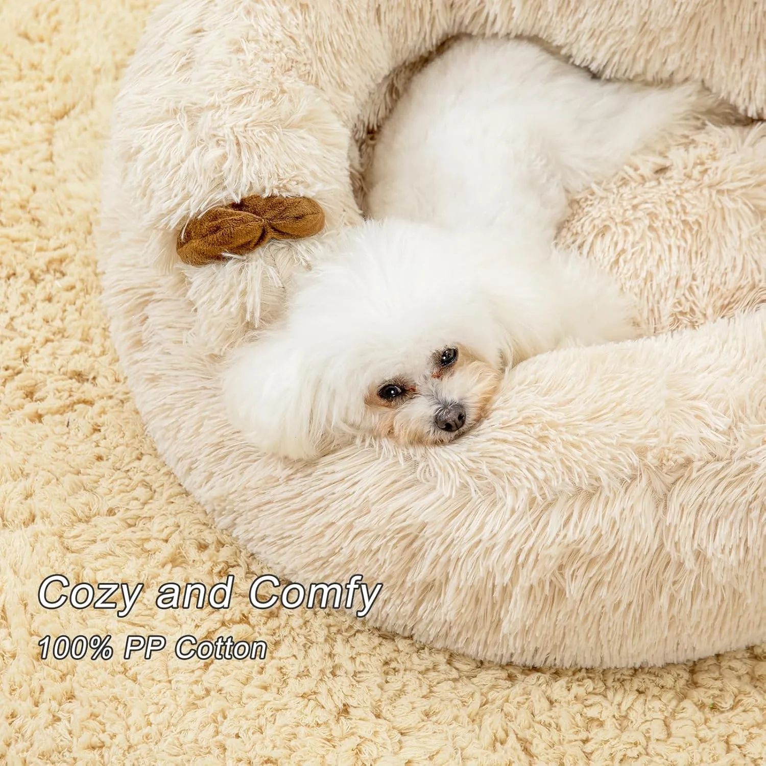 Jiupety Calming Dog and Cat Bed, Cozy Donut Cute Small Dog Beds, Anti Anxiety Round L(27" x 27" x 8") Size for Pets up to 28 lbs, Camel