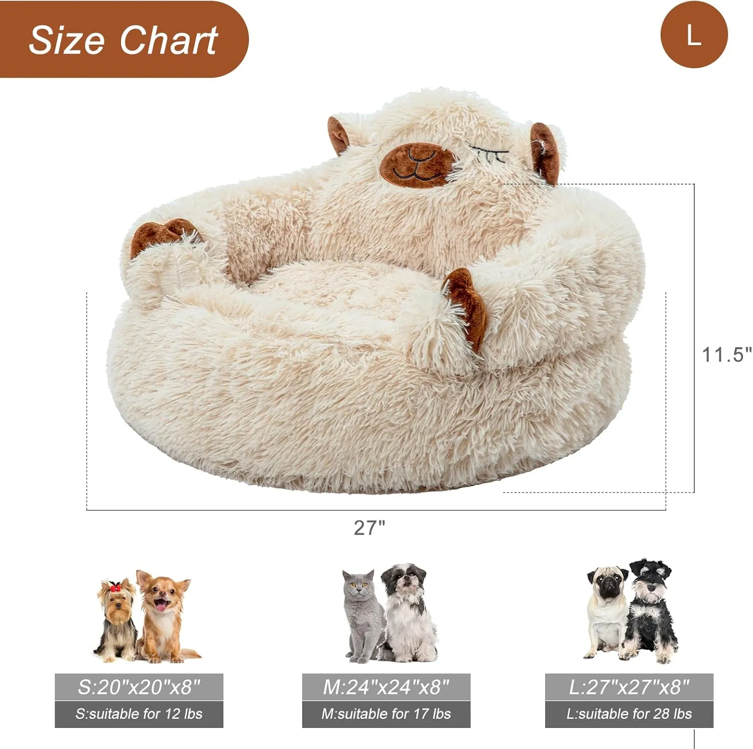Jiupety Calming Dog and Cat Bed, Cozy Donut Cute Small Dog Beds, Anti Anxiety Round L(27" x 27" x 8") Size for Pets up to 28 lbs, Camel