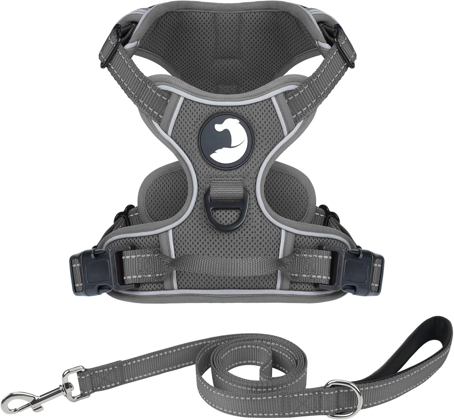 Joytale No Pull Mesh Dog Harness and Reflective Dog 6FT x 1" Leash Combo with Neoprene Handle for Medium Dogs (Grey,M)