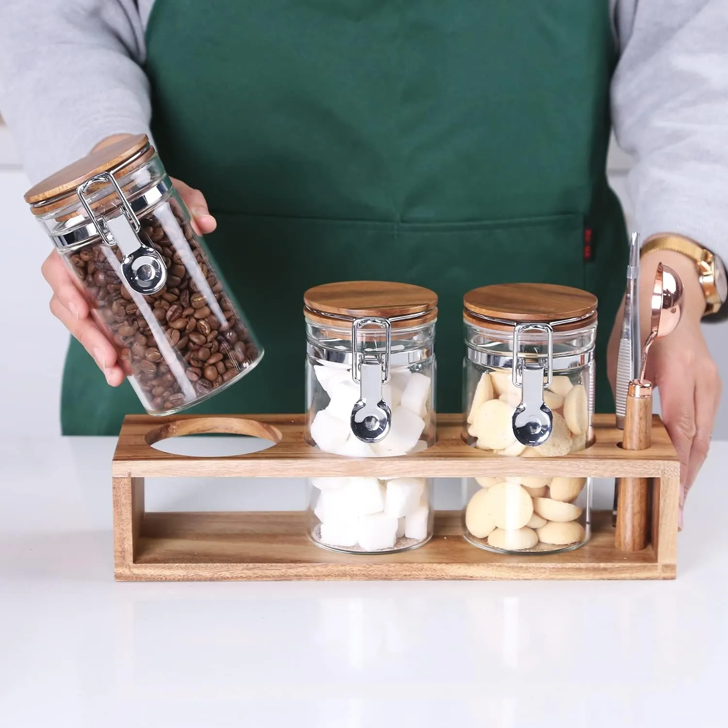 KKC HOME ACCENTS Glass Food Storage Jars with Airtight Wood Lids, Vacuum Borosilicate Sealed Glass Cansisters with Locking Clamp Lids and Scoop for Tea,Sugar,Ground Coffee 13 Fluid Ounces