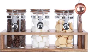 KKC HOME ACCENTS Glass Food Storage Jars with Airtight Wood Lids, Vacuum Borosilicate Sealed Glass Cansisters with Locking Clamp Lids and Scoop for Tea,Sugar,Ground Coffee 13 Fluid Ounces