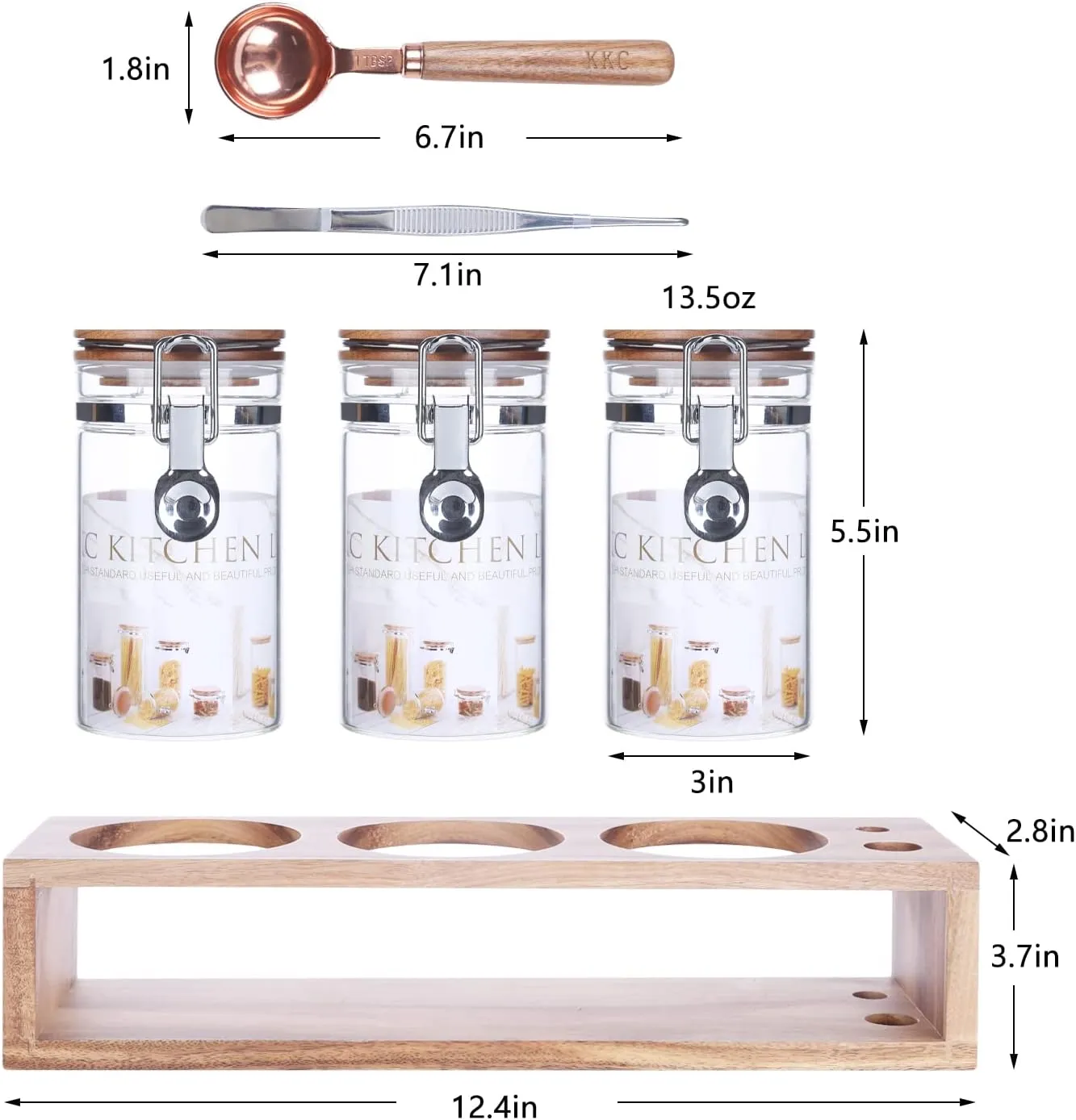 KKC HOME ACCENTS Glass Food Storage Jars with Airtight Wood Lids, Vacuum Borosilicate Sealed Glass Cansisters with Locking Clamp Lids and Scoop for Tea,Sugar,Ground Coffee 13 Fluid Ounces