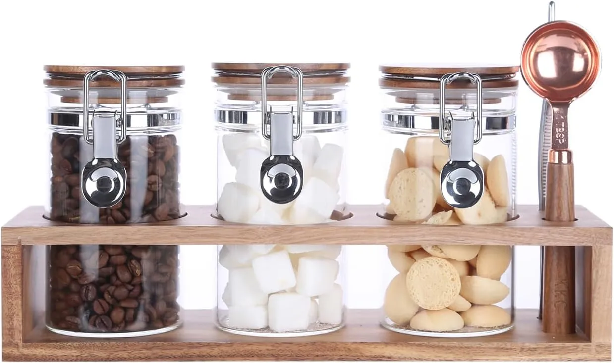 KKC HOME ACCENTS Glass Food Storage Jars with Airtight Wood Lids, Vacuum Borosilicate Sealed Glass Cansisters with Locking Clamp Lids and Scoop for Tea,Sugar,Ground Coffee 13 Fluid Ounces