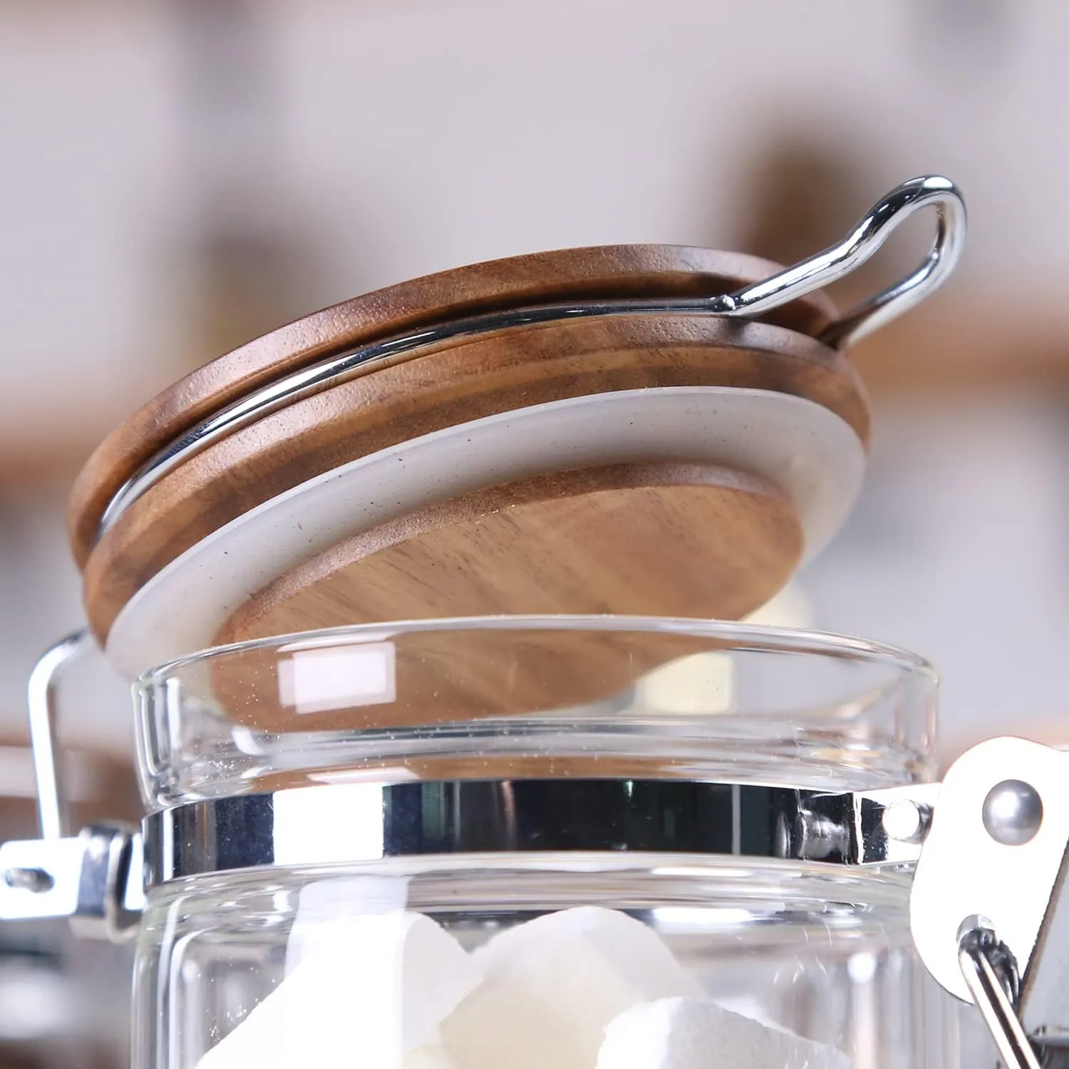 KKC HOME ACCENTS Glass Food Storage Jars with Airtight Wood Lids, Vacuum Borosilicate Sealed Glass Cansisters with Locking Clamp Lids and Scoop for Tea,Sugar,Ground Coffee 13 Fluid Ounces