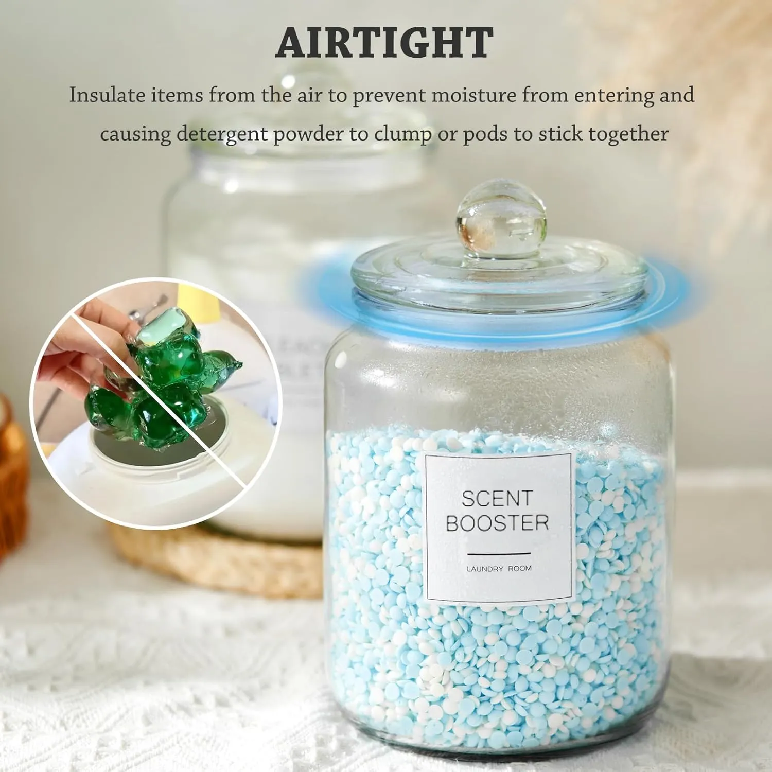 Laundry Glass Jars with Dryer Sheets Holder, Containers with Scoop and Labels for Laundry Room Organization and Storage Detergents Pods or Powder, Scent Booster Beads, Set of 3