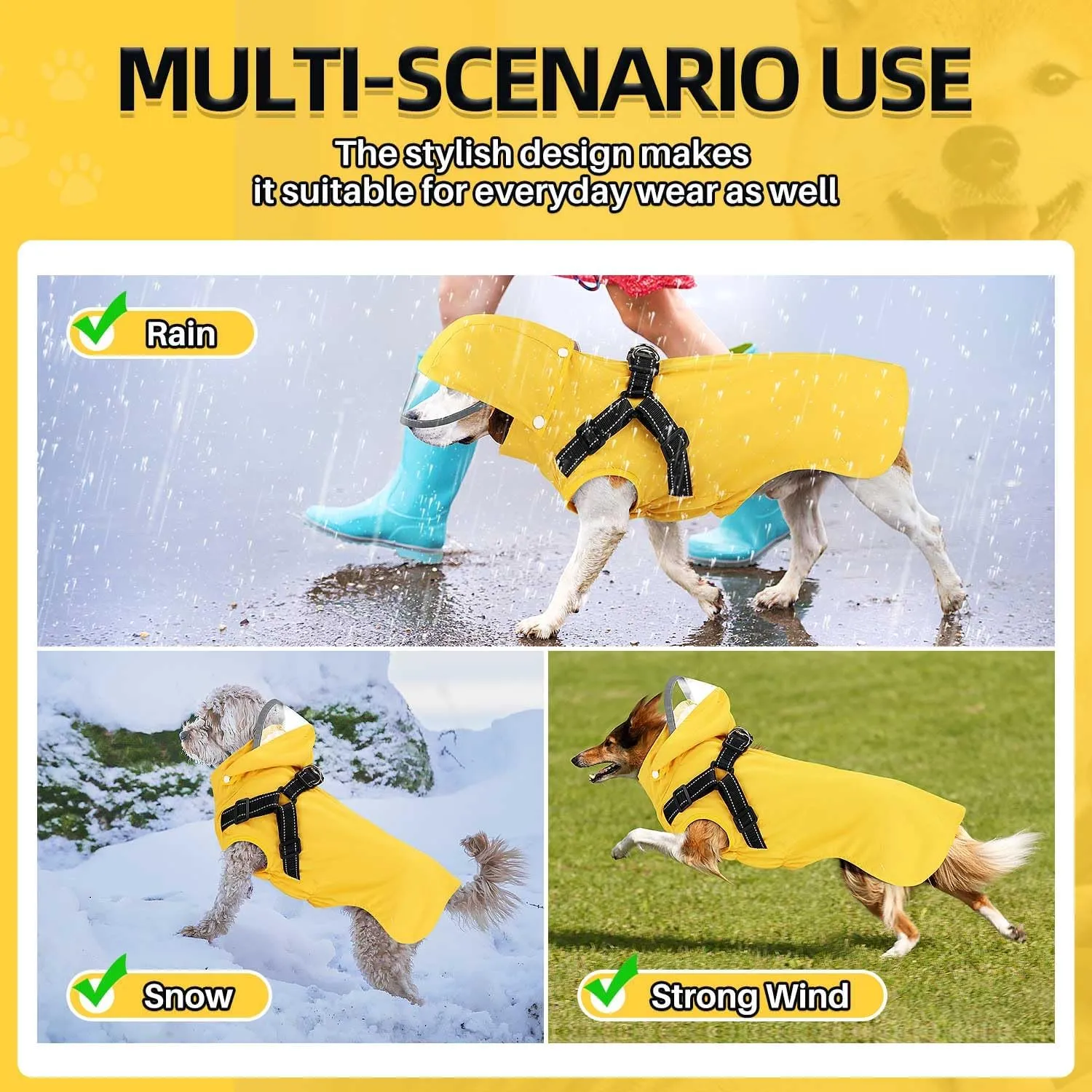 Lukovee Dog Raincoat - Waterproof Rain Jacket with Harness & Removable Hood, Reflective Double Layer Dog Rain Coat Poncho for Small Medium Large Dogs Puppy (XL, Yellow)