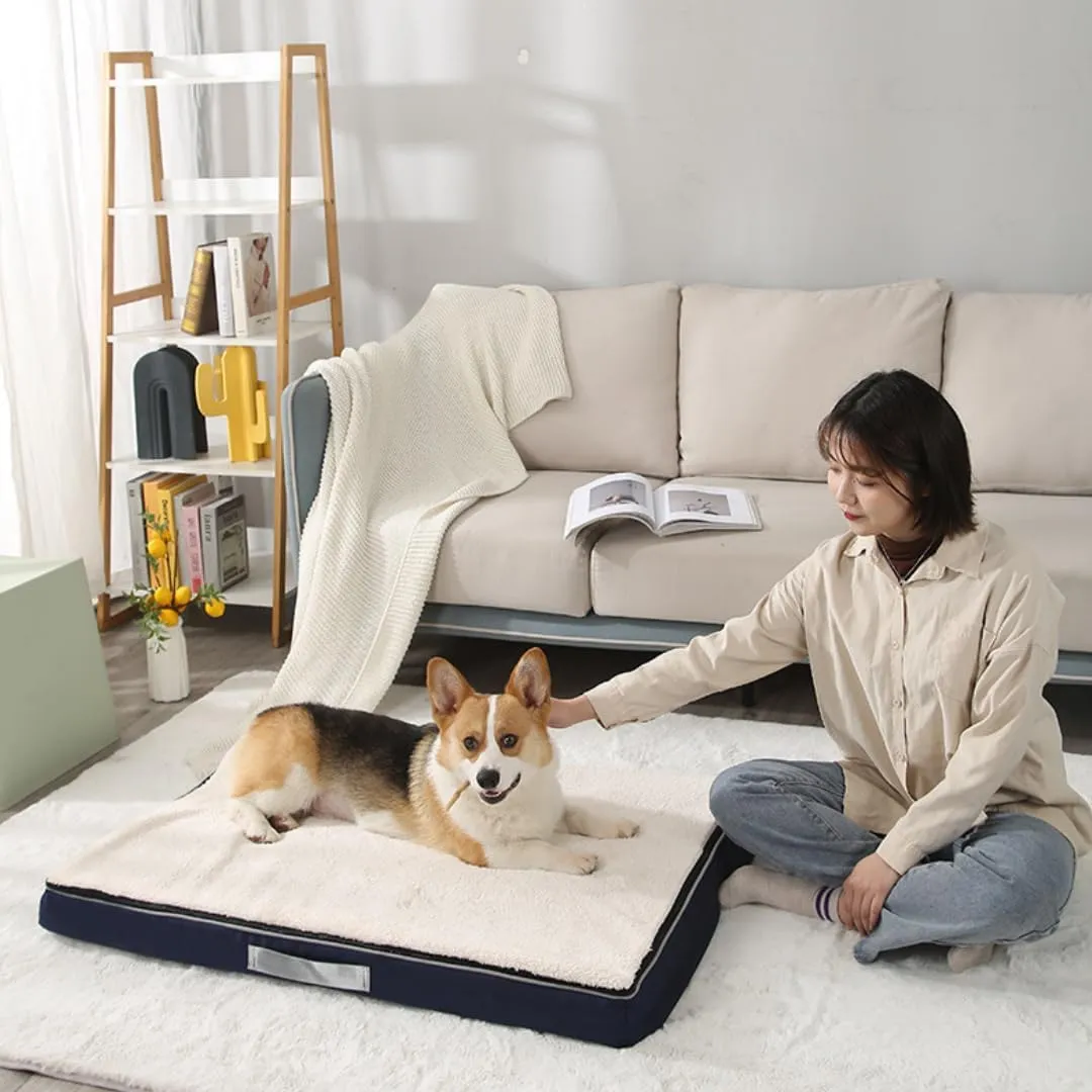 Memory Foam Dog Bed for Extra Large Dogs Washable Dog Beds,Orthopedic Waterproof Large Dog Bed with Washable Removable Cover (L, White Blue)