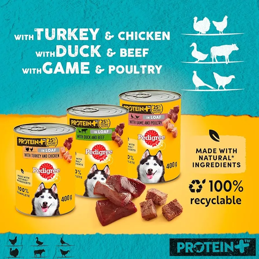 Pedigree | Wet Dog Food | Protein  Plus Mixed Selection in Loaf - 6 x 400g Tins