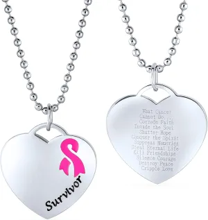 Personalized Heart Shape Charm Pre-Engrave Saying Poem Message Pink Ribbon Breast Cancer Survivor Stretch Bead Bracelet Pendant Necklace For Women Silver Tone Stainless Steel Customizable
