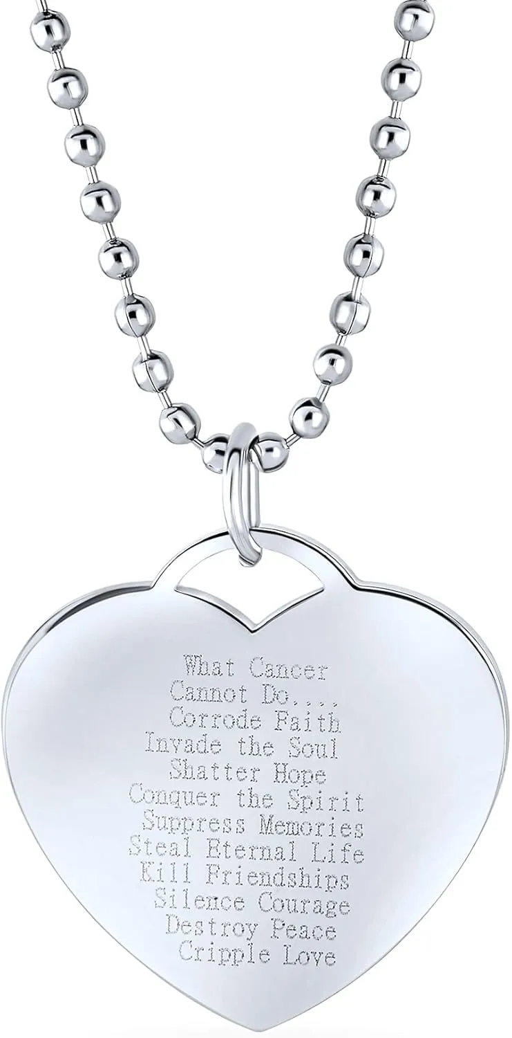 Personalized Heart Shape Charm Pre-Engrave Saying Poem Message Pink Ribbon Breast Cancer Survivor Stretch Bead Bracelet Pendant Necklace For Women Silver Tone Stainless Steel Customizable