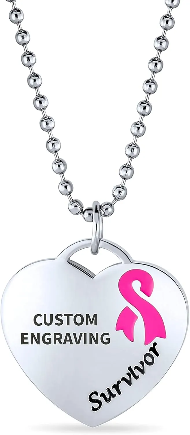 Personalized Heart Shape Charm Pre-Engrave Saying Poem Message Pink Ribbon Breast Cancer Survivor Stretch Bead Bracelet Pendant Necklace For Women Silver Tone Stainless Steel Customizable
