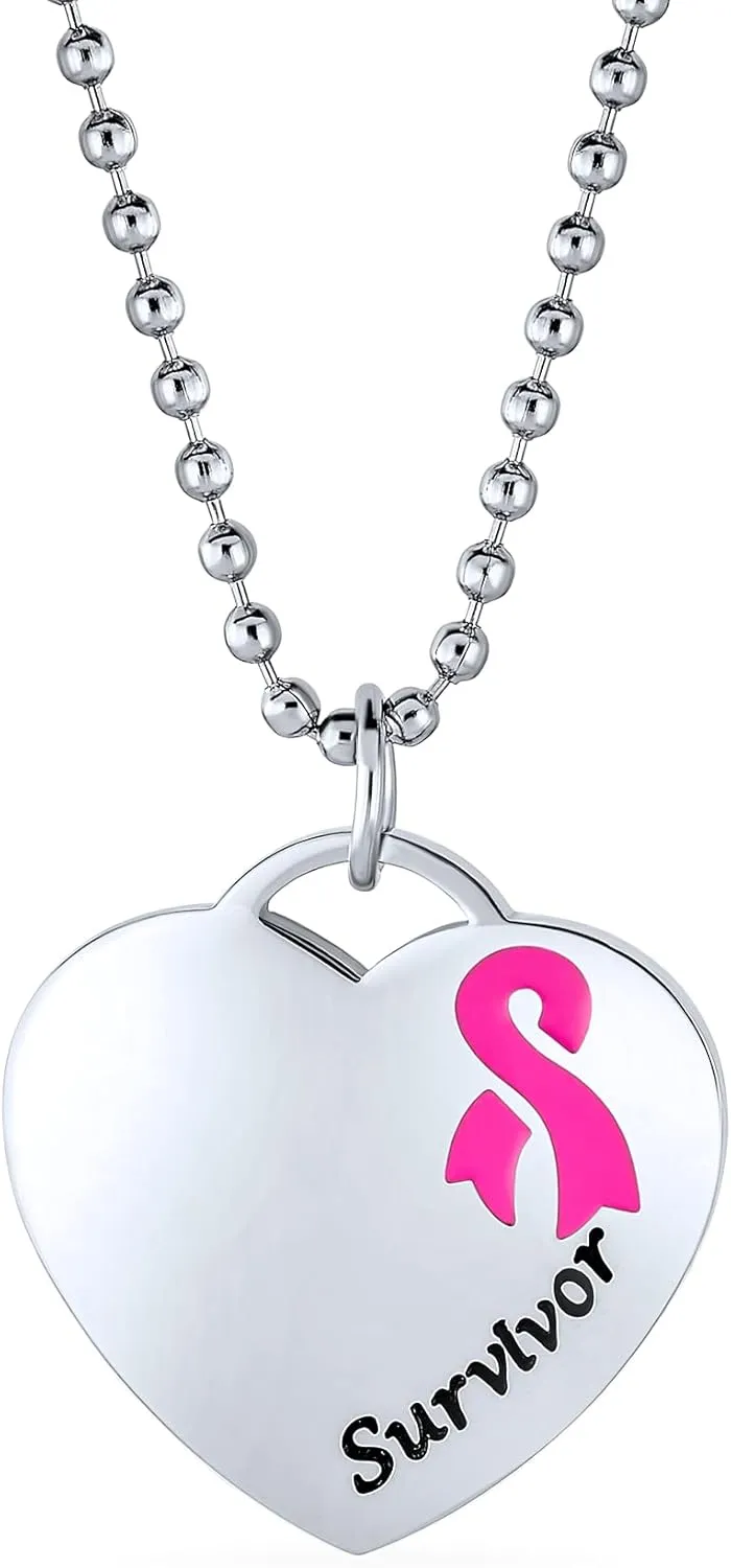Personalized Heart Shape Charm Pre-Engrave Saying Poem Message Pink Ribbon Breast Cancer Survivor Stretch Bead Bracelet Pendant Necklace For Women Silver Tone Stainless Steel Customizable