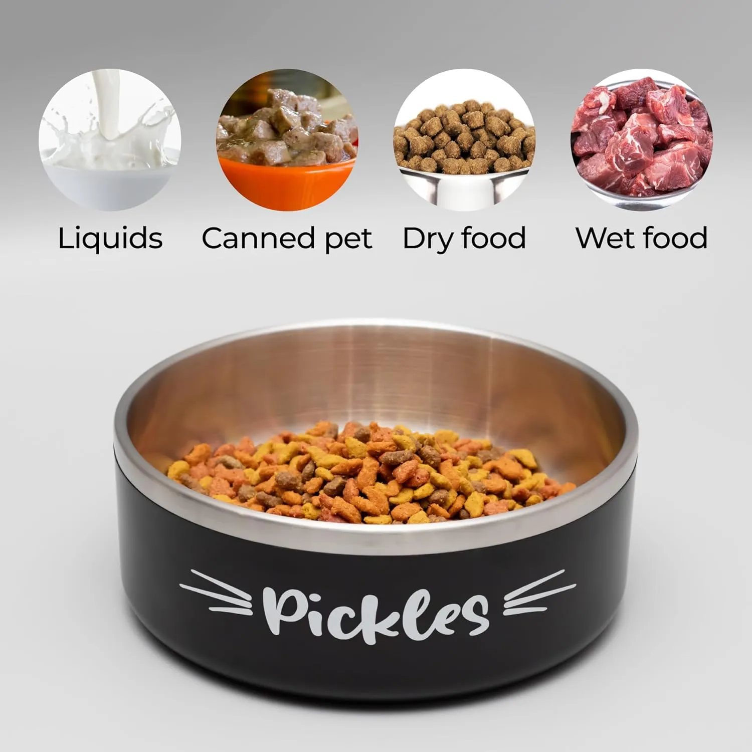 Personalized Pet Bowl with Name, Custom Non-Slip Stainless Steel Dog & Cat Food and Water Feeding Bowl, Gift for Animal Moms (Whiskers)