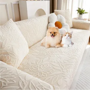 Pet Couch Covers for Sofa, Boho 3D Floral Couch Protector for Dogs with 2 Pillow Covers 18x18, Soft Comfy Washable Plush Sofa Mat Pet Bed Couch Slipcover (Cream White,L)