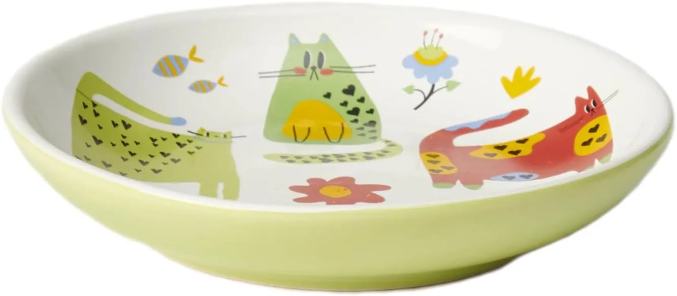 PetRageous 18424 Love Cats Stoneware Cat Saucer 5-Inch Width and 1-Inch Height 2.5-oz Capacity, Green
