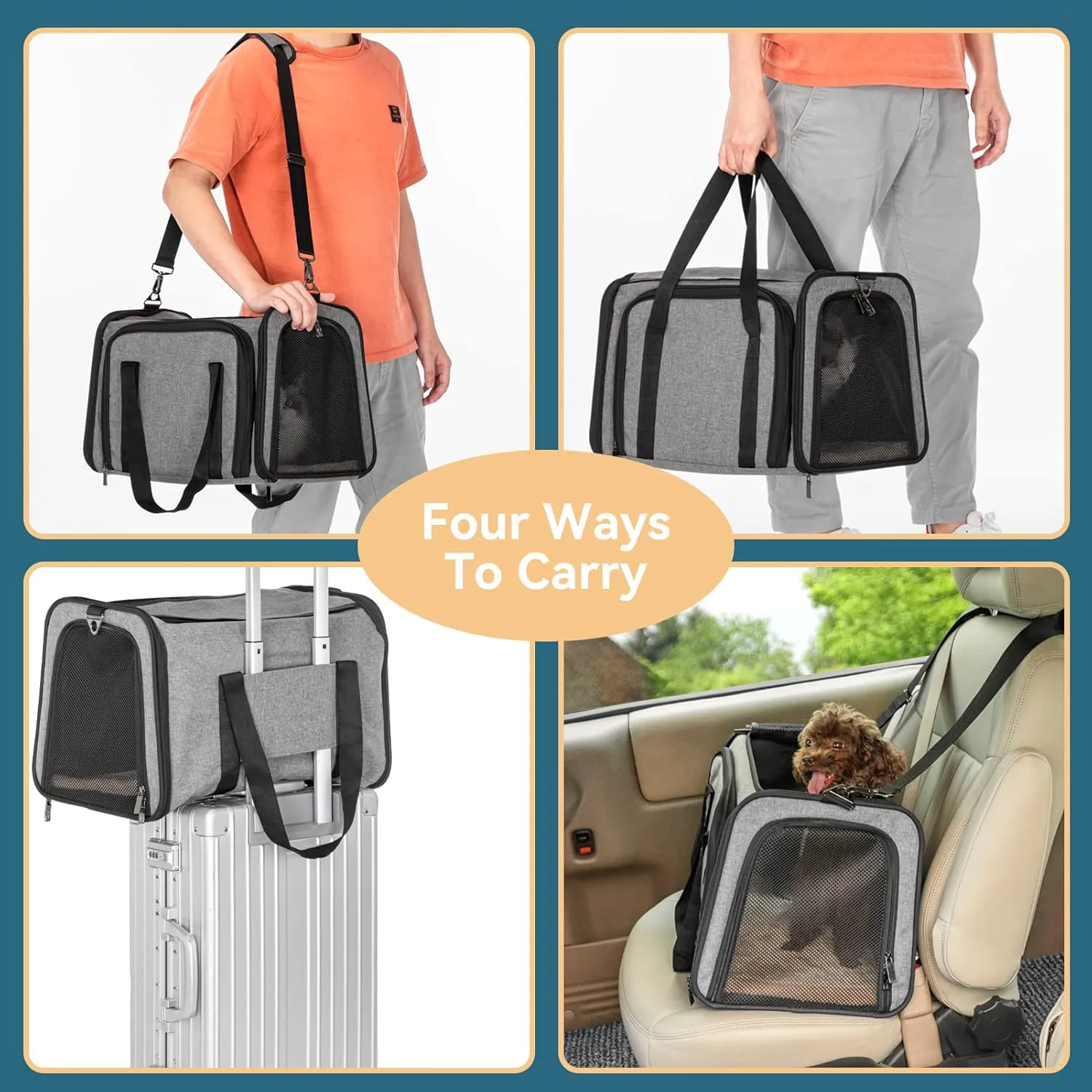 Petsfit Expandable Pet Carrier for Cat Or Puppy Up to 18 Pounds, Square Extension Add More Space, Washable Soft Pet Carrier for Home Outdoor Travel, 19"X12" X12" Gray