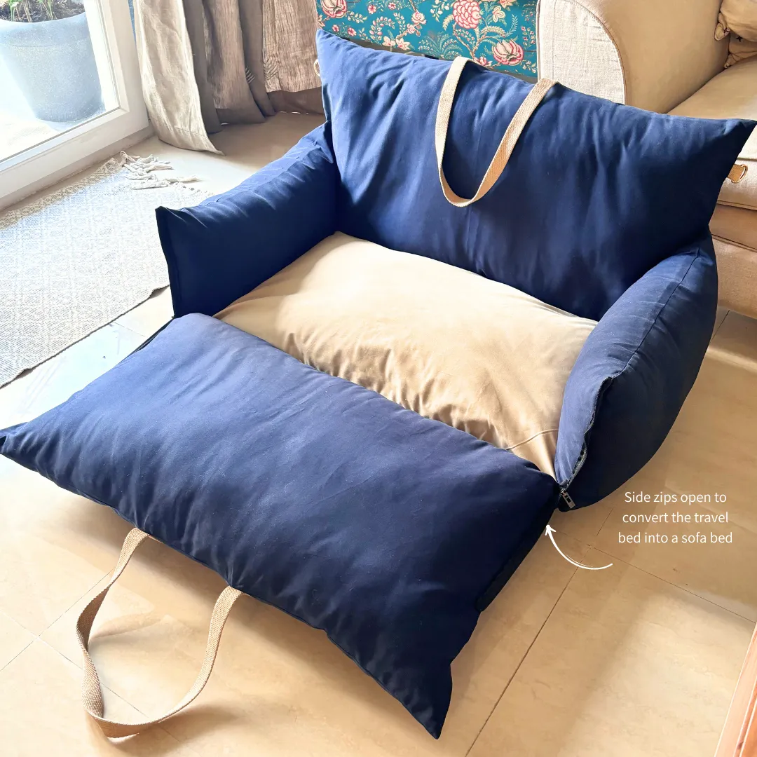 PoochMate Travel Bed for Medium Dogs : Navy & Beige