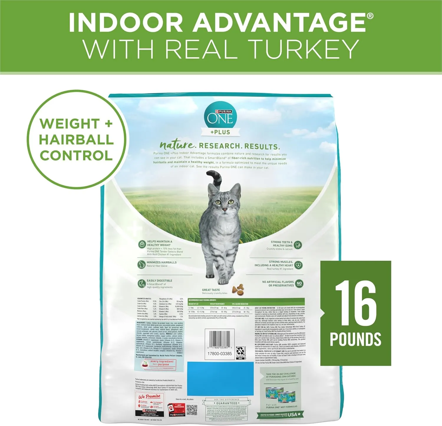 PURINA ONE Natural, Low Fat, Weight Control, Indoor Dry Cat Food,  Plus Indoor Advantage - 16 lb. Bag