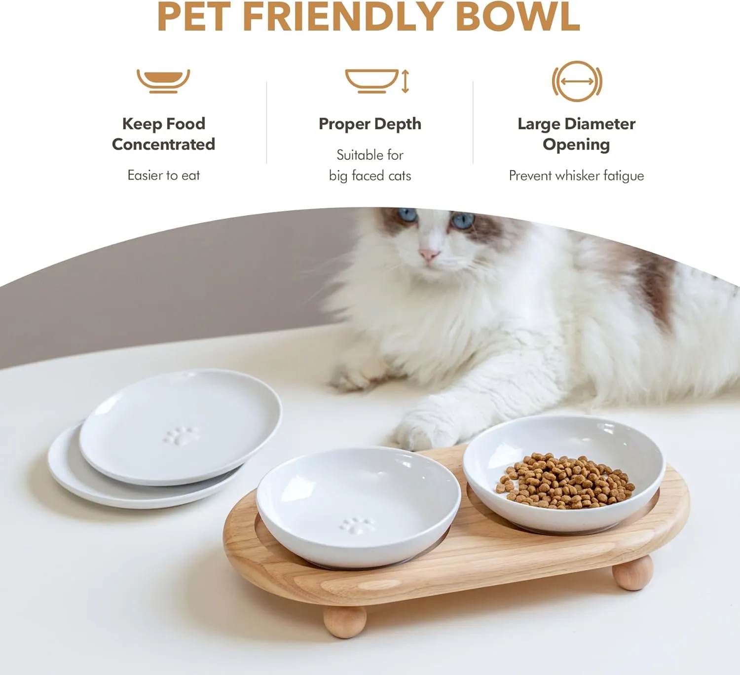 Raised Ceramic Wide Whisker Friendly Cat Dishes, Food& Water Bowl with 2 Style Stand Adjustable Raised Pet Bowl Set(2Dish 2Shallow Dish Stand, White