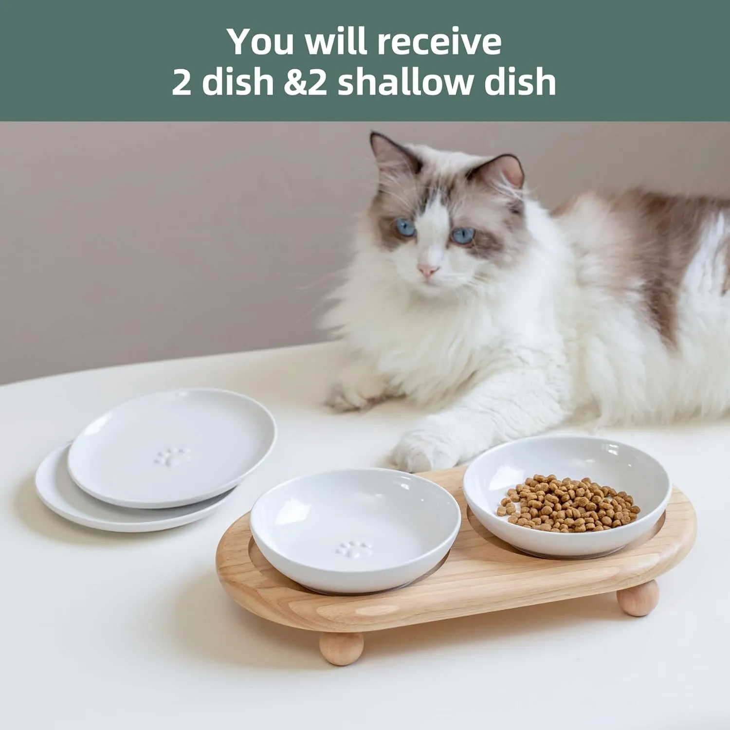 Raised Ceramic Wide Whisker Friendly Cat Dishes, Food& Water Bowl with 2 Style Stand Adjustable Raised Pet Bowl Set(2Dish 2Shallow Dish Stand, White