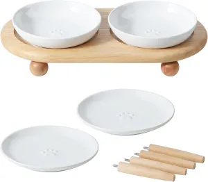 Raised Ceramic Wide Whisker Friendly Cat Dishes, Food& Water Bowl with 2 Style Stand Adjustable Raised Pet Bowl Set(2Dish 2Shallow Dish Stand, White