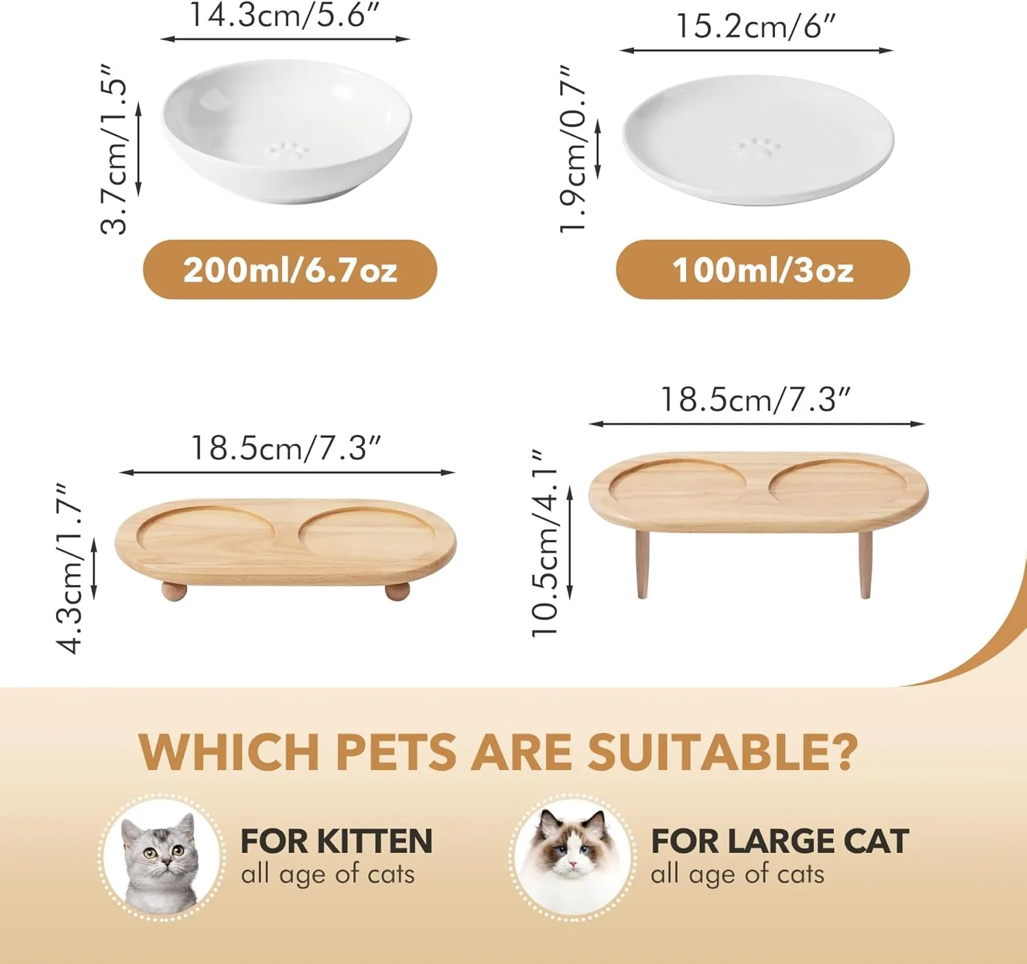 Raised Ceramic Wide Whisker Friendly Cat Dishes, Food& Water Bowl with 2 Style Stand Adjustable Raised Pet Bowl Set(2Dish 2Shallow Dish Stand, White