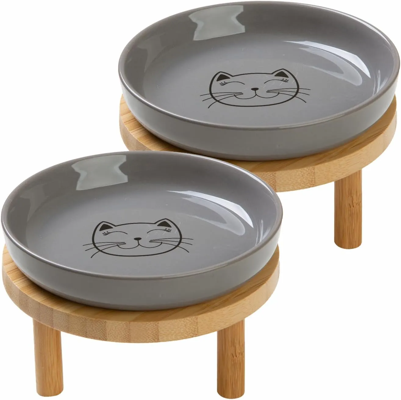 Shallow Elevated Cat Bowls,5.9 Inch Wide Raised Ceramic Cat Dishes with Bamboo Stand, Whisker Friendly Pet Water or Food Plates Feeding Station for Indoor Cats, Kitten(Grey,Set of 2)