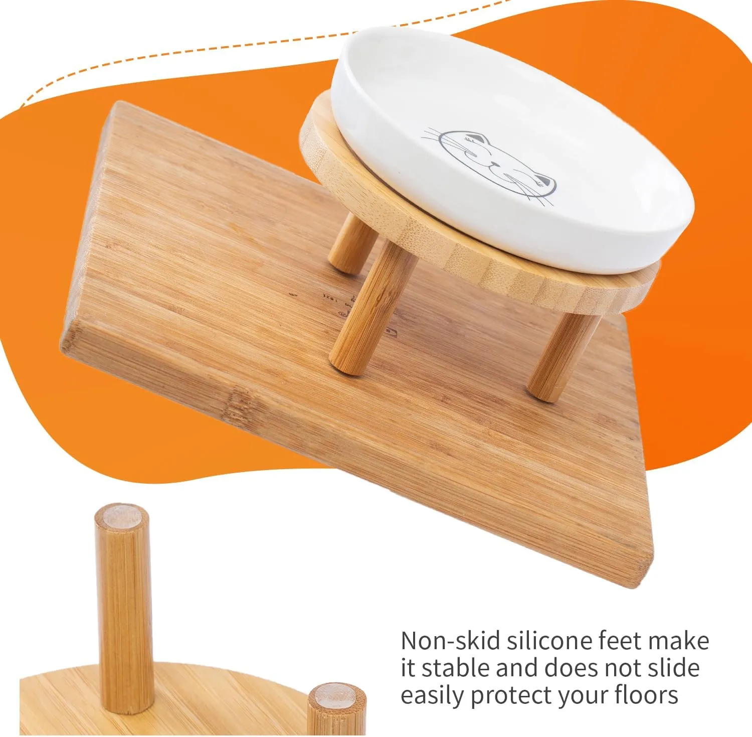 Shallow Elevated Cat Bowls,5.9 Inch Wide Raised Ceramic Cat Dishes with Bamboo Stand, Whisker Friendly Pet Water or Food Plates Feeding Station for Indoor Cats, Kitten(Grey,Set of 2)