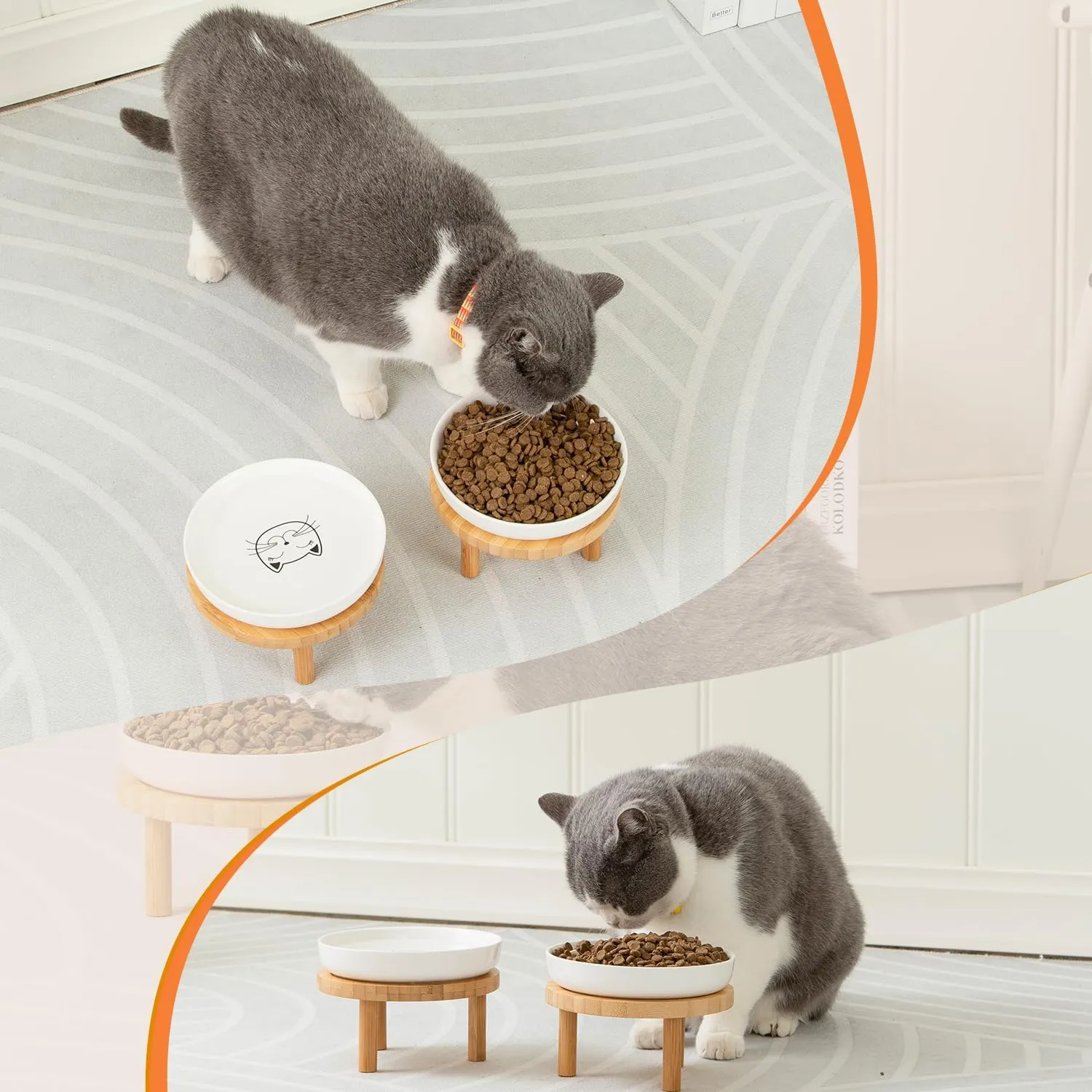 Shallow Elevated Cat Bowls,5.9 Inch Wide Raised Ceramic Cat Dishes with Bamboo Stand, Whisker Friendly Pet Water or Food Plates Feeding Station for Indoor Cats, Kitten(Grey,Set of 2)