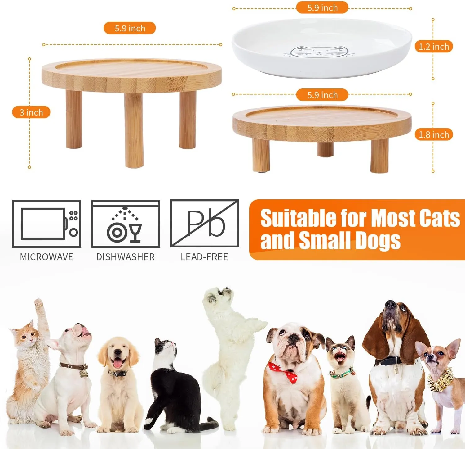 Shallow Elevated Cat Bowls,5.9 Inch Wide Raised Ceramic Cat Dishes with Bamboo Stand, Whisker Friendly Pet Water or Food Plates Feeding Station for Indoor Cats, Kitten(Grey,Set of 2)