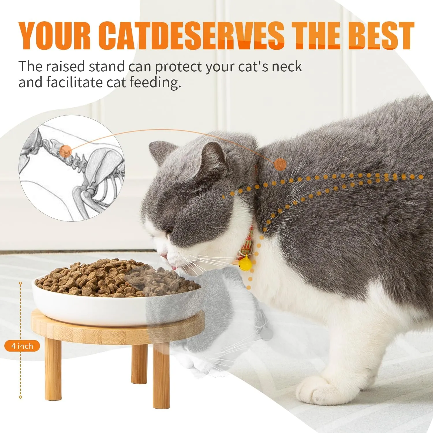 Shallow Elevated Cat Bowls,5.9 Inch Wide Raised Ceramic Cat Dishes with Bamboo Stand, Whisker Friendly Pet Water or Food Plates Feeding Station for Indoor Cats, Kitten(Grey,Set of 2)
