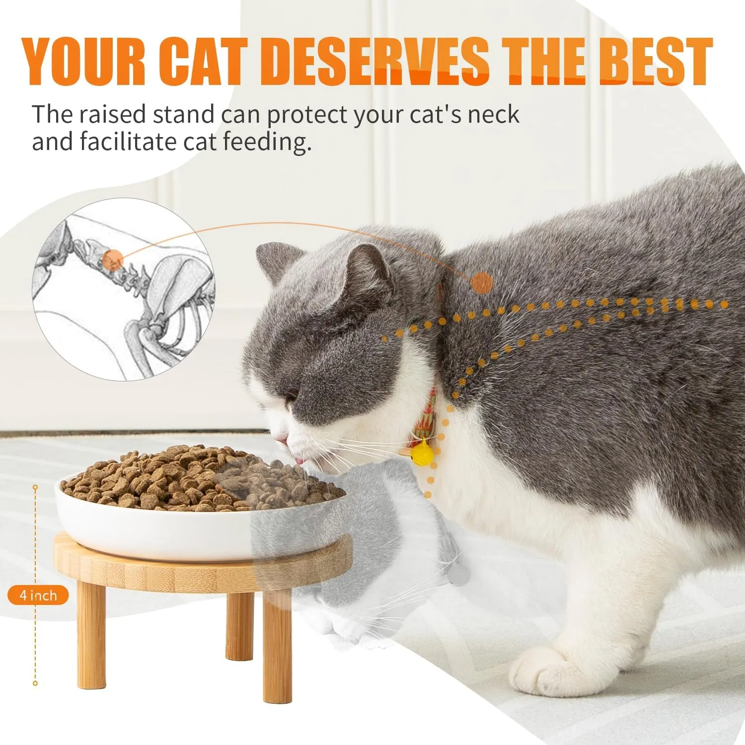 Shallow Elevated Cat Bowls,5.9 Inch Wide Raised Ceramic Cat Dishes with Bamboo Stand, Whisker Friendly Pet Water or Food Plates Feeding Station for Indoor Cats, Kitten(Grey,Set of 2)