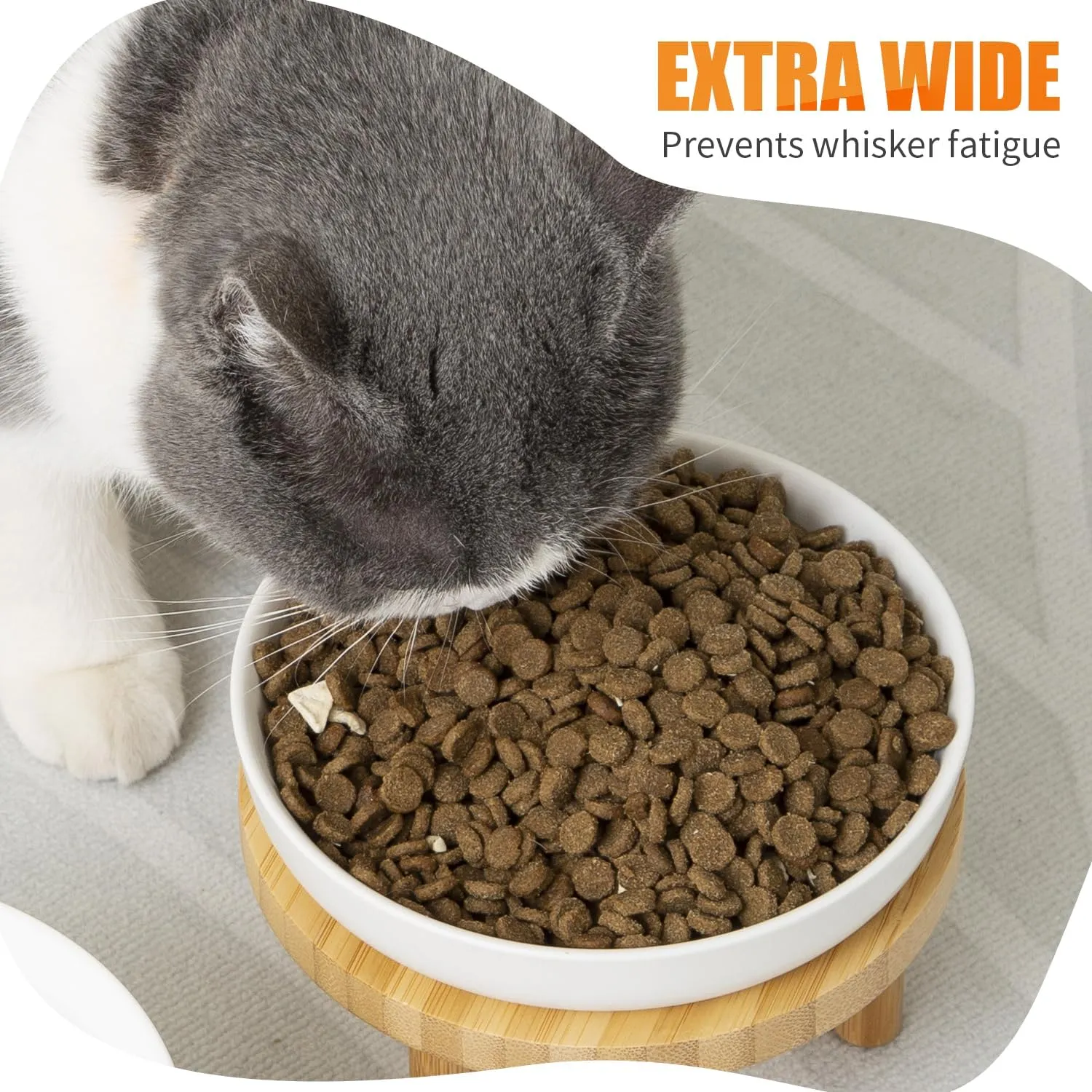 Shallow Elevated Cat Bowls,5.9 Inch Wide Raised Ceramic Cat Dishes with Bamboo Stand, Whisker Friendly Pet Water or Food Plates Feeding Station for Indoor Cats, Kitten(Grey,Set of 2)