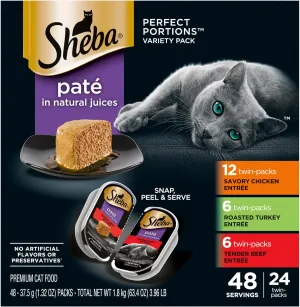 Sheba Perfect Portions Wet Cat Food Pate, Savory Chicken Entree, Roasted Turkey Entree, and Tender Beef Entree Variety Pack, 2.6 oz. Twin Pack Trays (24 Count, 48 Servings)