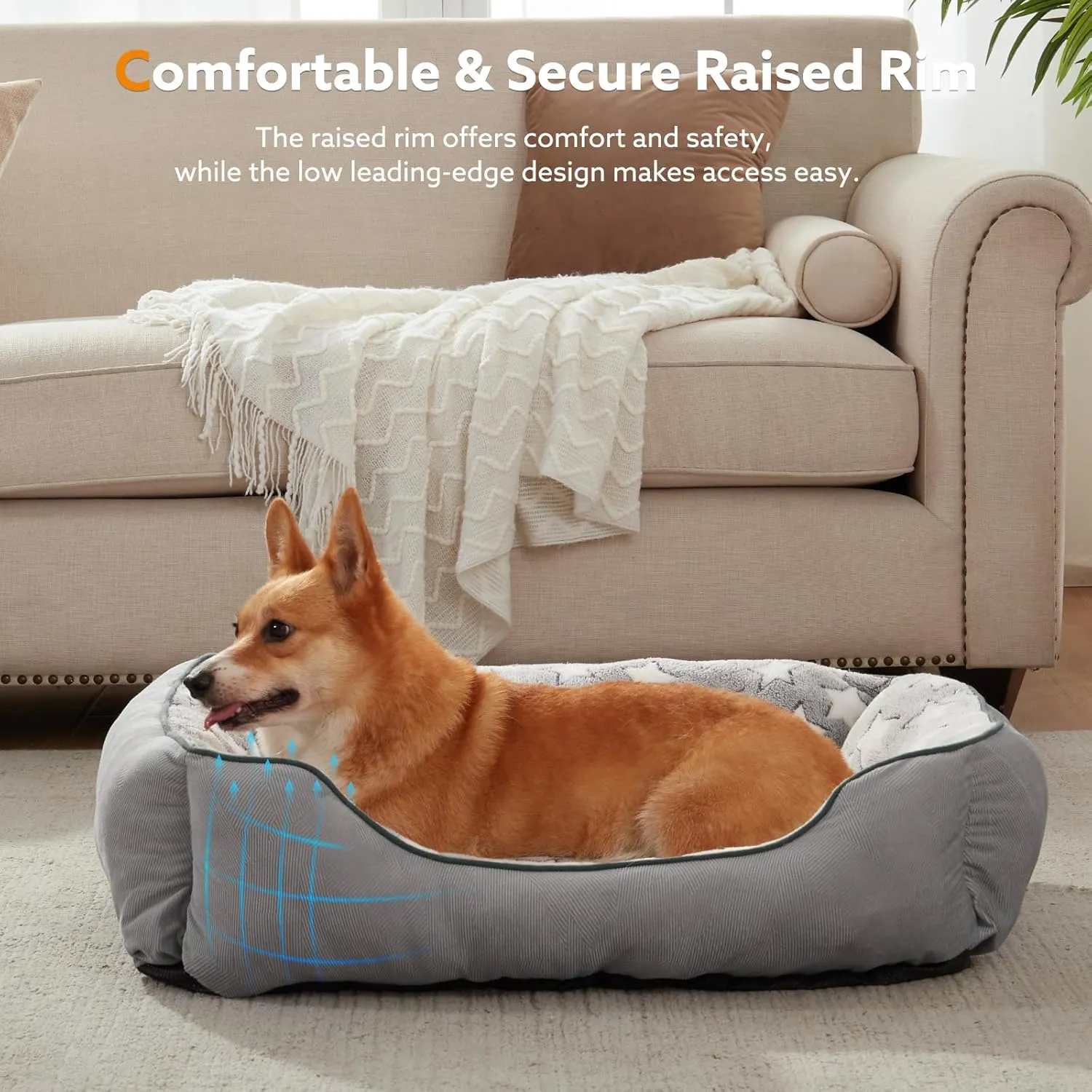 SIWA MARY Rectangle Dog Bed for Medium Large Dogs, Calming Dogs Bed Large Size, Orthopedic Dog Sofa Bed, Warming Soft Calming Sleeping Puppy Bed, Pet Bed with Anti-Slip Bottom, M(30"x24"x9")