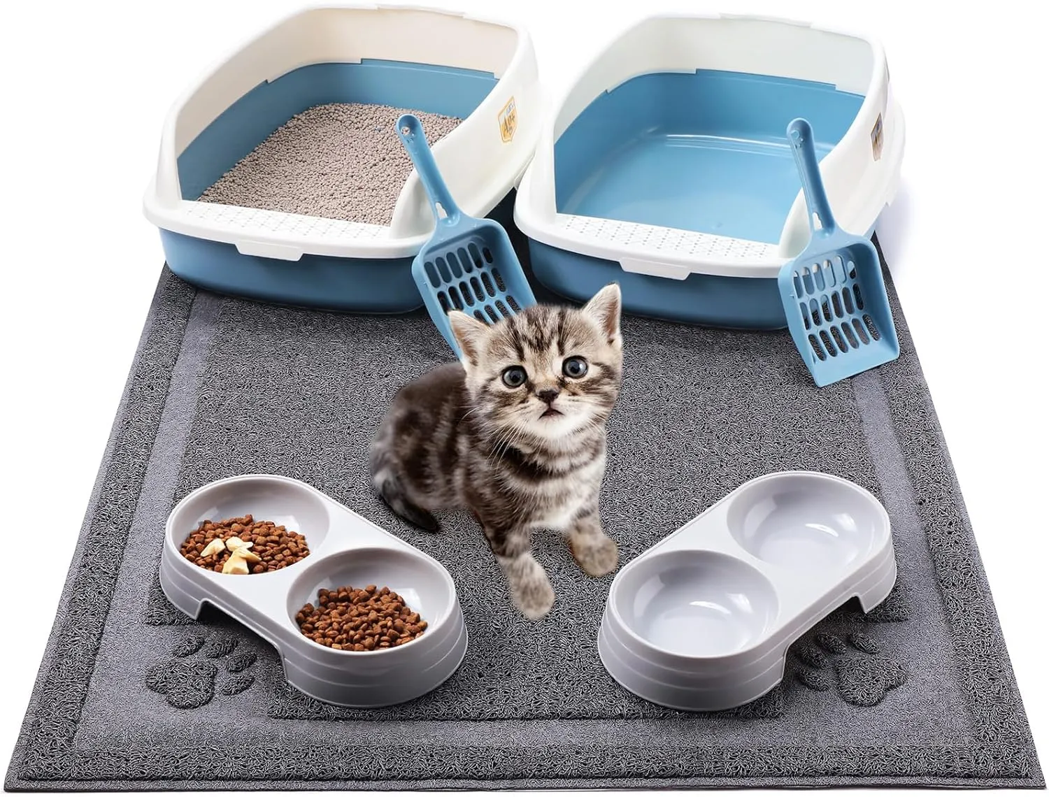 Sliner 7 Pcs Kitten Litter Box Starter Kit, 2 Plastic Small Kitty Litter Box Training Low Entry Cat Litter Box with Scoop, 2 Whisker Friendly Double Cat Bowl and Litter Mat for Kitten Indoor(Blue)