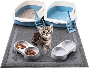 Sliner 7 Pcs Kitten Litter Box Starter Kit, 2 Plastic Small Kitty Litter Box Training Low Entry Cat Litter Box with Scoop, 2 Whisker Friendly Double Cat Bowl and Litter Mat for Kitten Indoor(Blue)