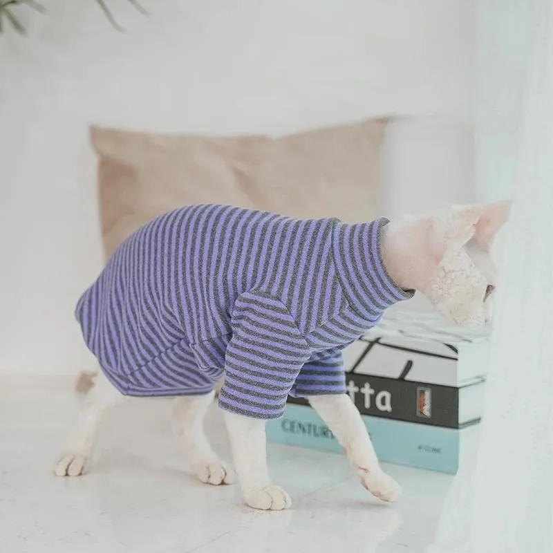 Sphynx Fleece Coat with Long Sleeves | Soft Striped Undershirt for Cats & Dogs | Cute Jumpsuit for Spring & Autumn