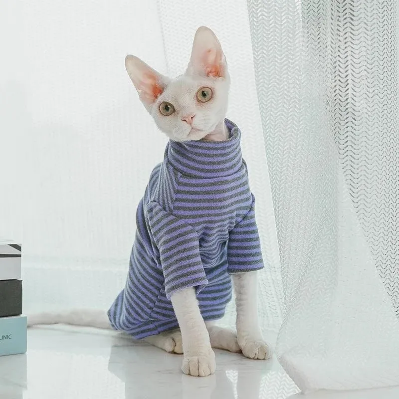 Sphynx Fleece Coat with Long Sleeves | Soft Striped Undershirt for Cats & Dogs | Cute Jumpsuit for Spring & Autumn