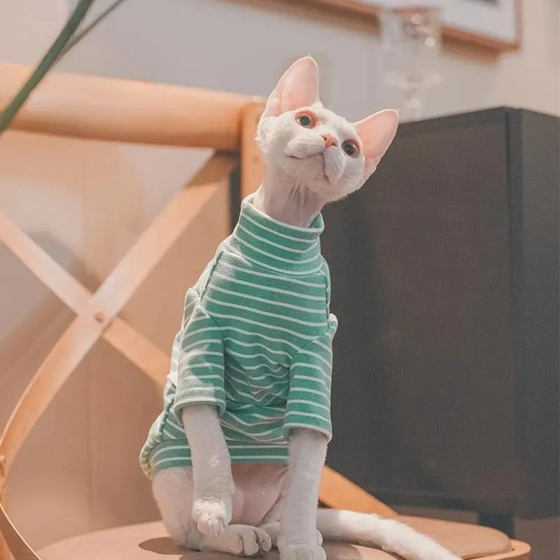 Sphynx Fleece Coat with Long Sleeves | Soft Striped Undershirt for Cats & Dogs | Cute Jumpsuit for Spring & Autumn