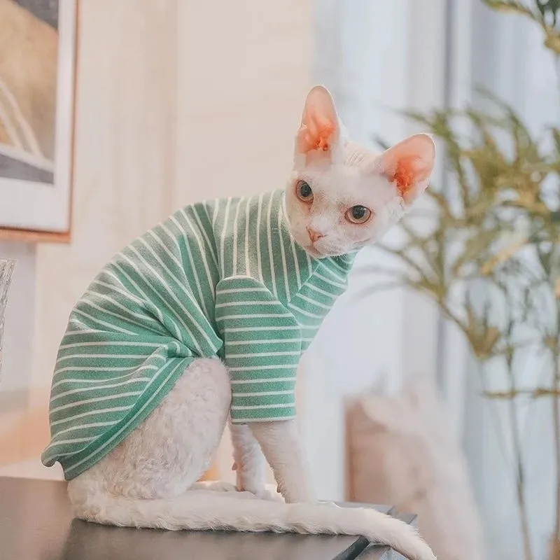 Sphynx Fleece Coat with Long Sleeves | Soft Striped Undershirt for Cats & Dogs | Cute Jumpsuit for Spring & Autumn