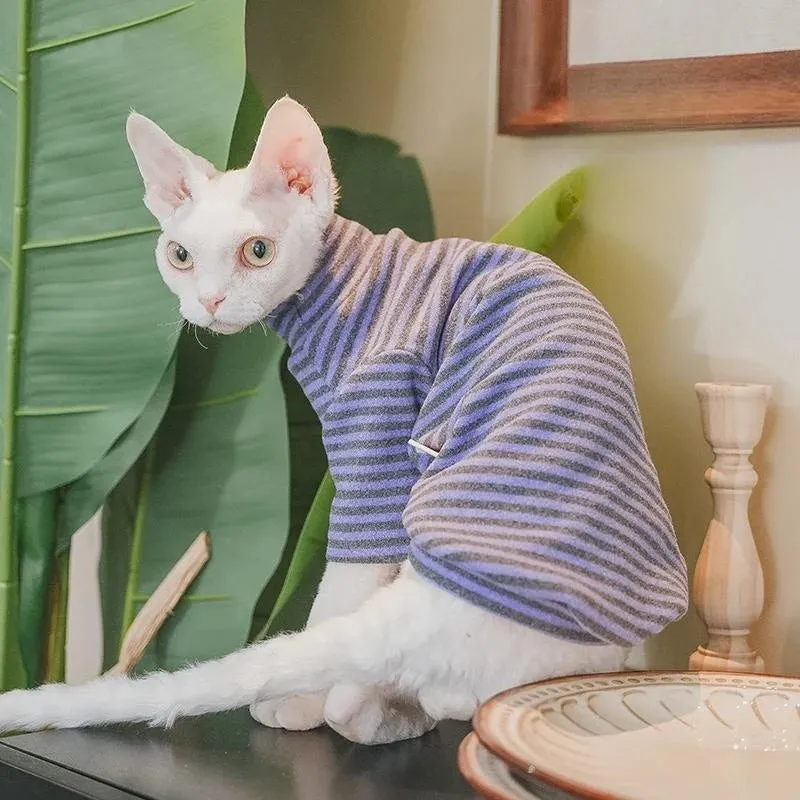 Sphynx Fleece Coat with Long Sleeves | Soft Striped Undershirt for Cats & Dogs | Cute Jumpsuit for Spring & Autumn