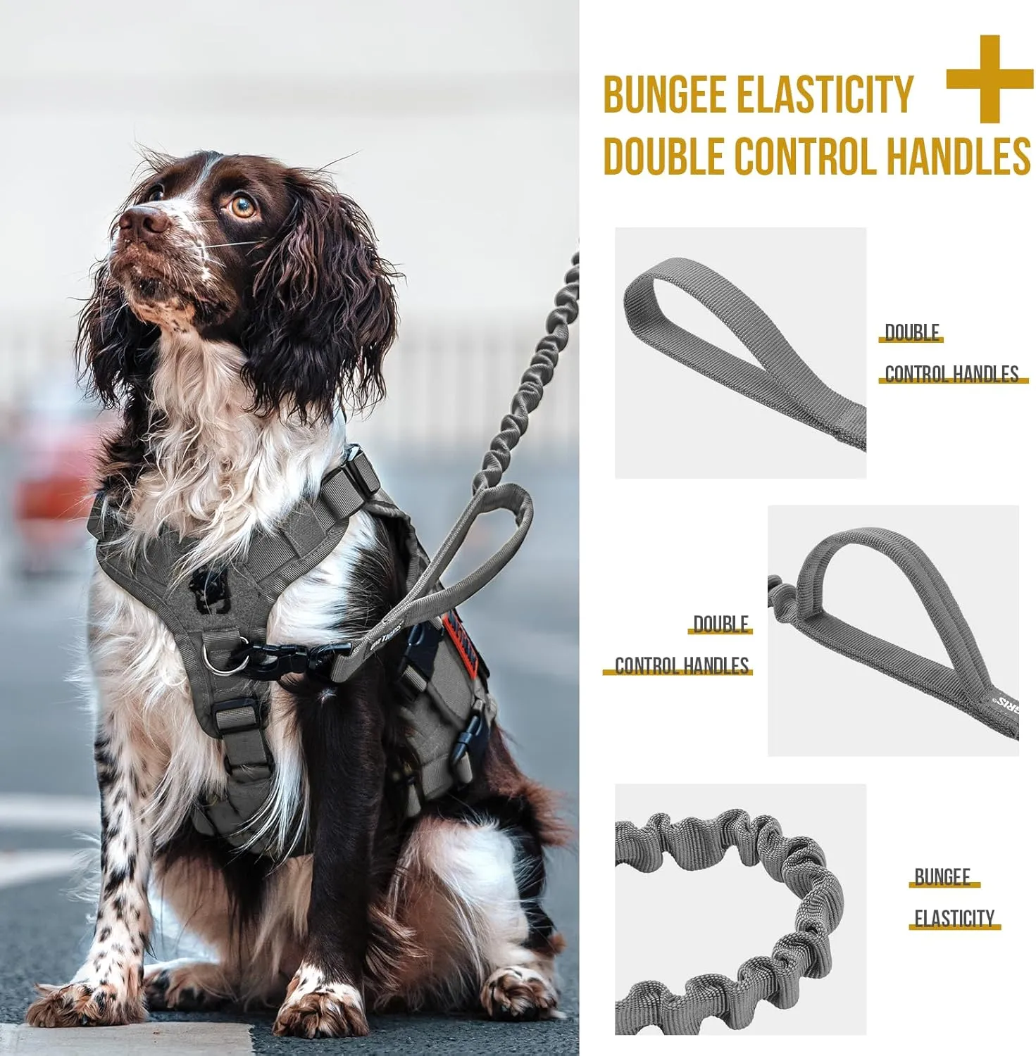 Tactical Dog Training Leash Bungee Leash with 2 Control Handle Quick Release Nylon Leads Rope(Grey)