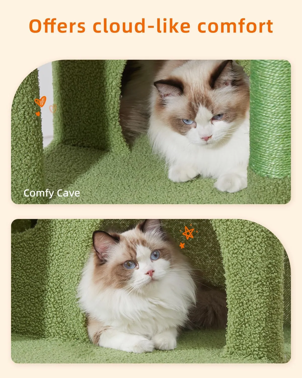 Taoqimiao 70.4-Inch Cat Tree for Large Cats, Plush Multi-Level Cat Condo with 7 Scratching Posts, 2 Luxury Perches, 2 Caves, Hammock, 2 Pompoms, Scratch Board for Indoor Cats MS030LT Cactus