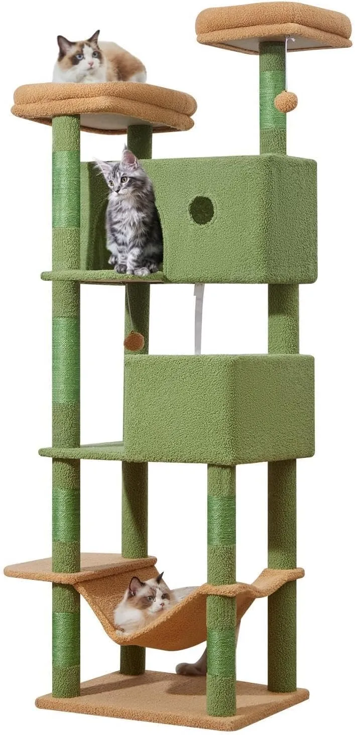 Taoqimiao 70.4-Inch Cat Tree for Large Cats, Plush Multi-Level Cat Condo with 7 Scratching Posts, 2 Luxury Perches, 2 Caves, Hammock, 2 Pompoms, Scratch Board for Indoor Cats MS030LT Cactus
