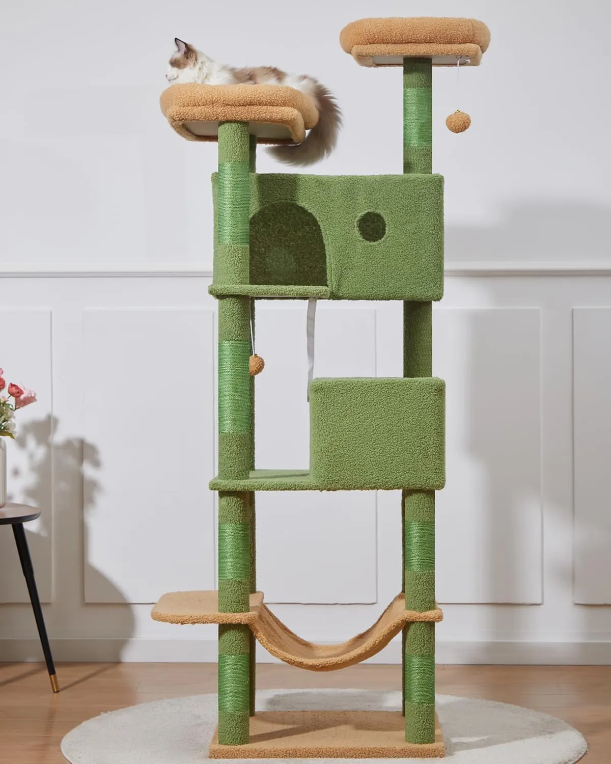 Taoqimiao 70.4-Inch Cat Tree for Large Cats, Plush Multi-Level Cat Condo with 7 Scratching Posts, 2 Luxury Perches, 2 Caves, Hammock, 2 Pompoms, Scratch Board for Indoor Cats MS030LT Cactus