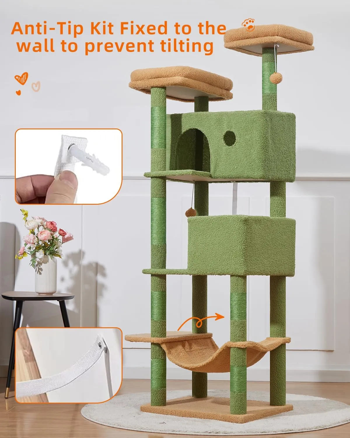 Taoqimiao 70.4-Inch Cat Tree for Large Cats, Plush Multi-Level Cat Condo with 7 Scratching Posts, 2 Luxury Perches, 2 Caves, Hammock, 2 Pompoms, Scratch Board for Indoor Cats MS030LT Cactus