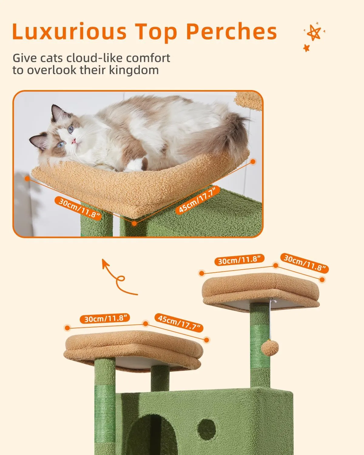 Taoqimiao 70.4-Inch Cat Tree for Large Cats, Plush Multi-Level Cat Condo with 7 Scratching Posts, 2 Luxury Perches, 2 Caves, Hammock, 2 Pompoms, Scratch Board for Indoor Cats MS030LT Cactus