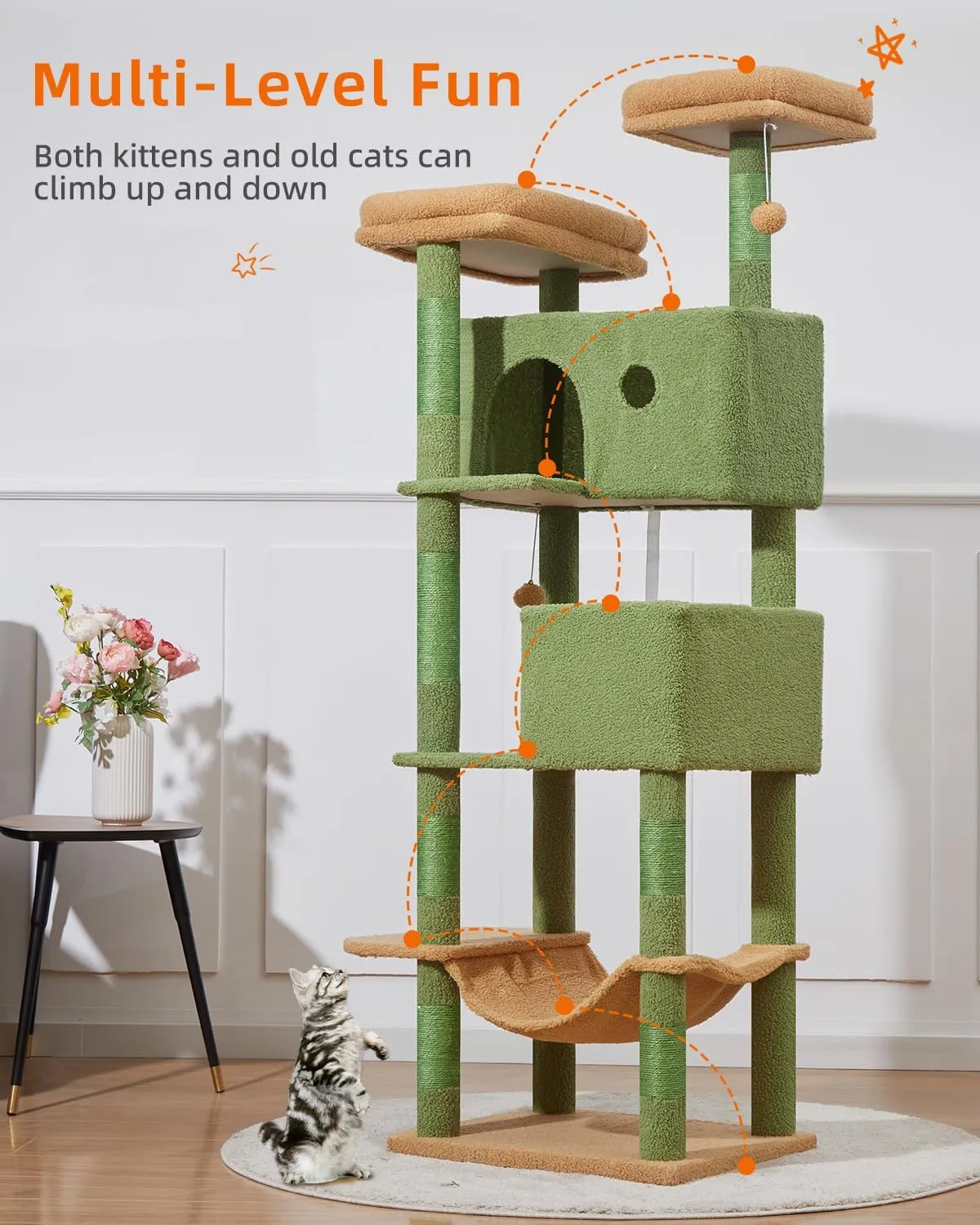 Taoqimiao 70.4-Inch Cat Tree for Large Cats, Plush Multi-Level Cat Condo with 7 Scratching Posts, 2 Luxury Perches, 2 Caves, Hammock, 2 Pompoms, Scratch Board for Indoor Cats MS030LT Cactus